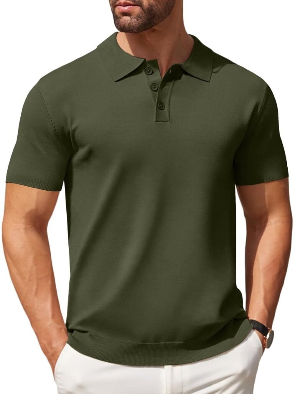 Mens  Army Green Knit Polo Shirts Casual Short Sleeve Button Down Golf Tee Class